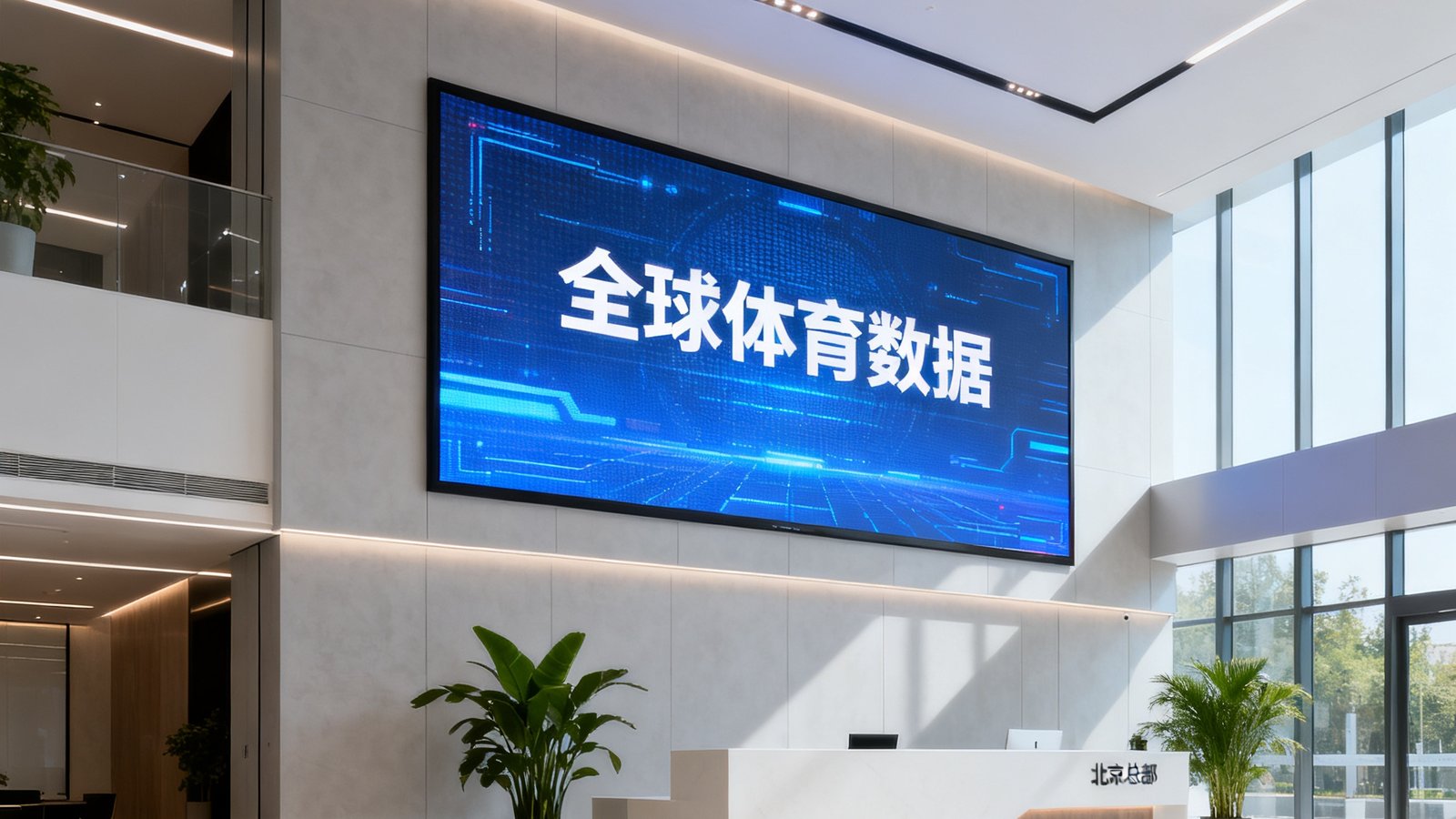 公海贵宾会员检测中心北京总部接待大厅，现代简约风格装修，墙上悬挂着大型LED屏幕实时滚动全球体育数据，前台区域摆放着舒适的沙发和绿植