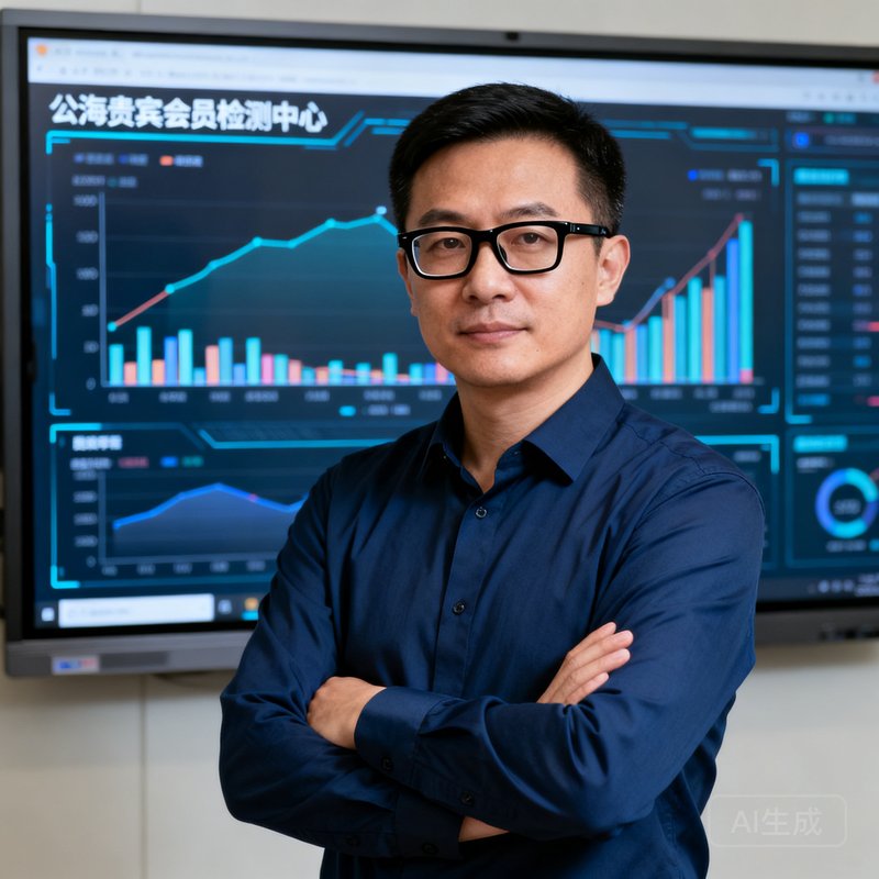 张明远，公海贵宾会员检测中心创始人兼CEO，戴着黑框眼镜，穿着深蓝色衬衫，站在数据屏幕前双臂交叉，表情坚定而专注