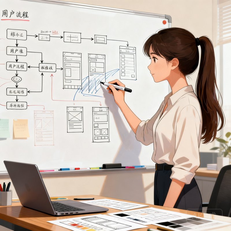 陈雅婷，产品总监，女性，长发扎马尾，在白板上绘制用户流程和界面原型图